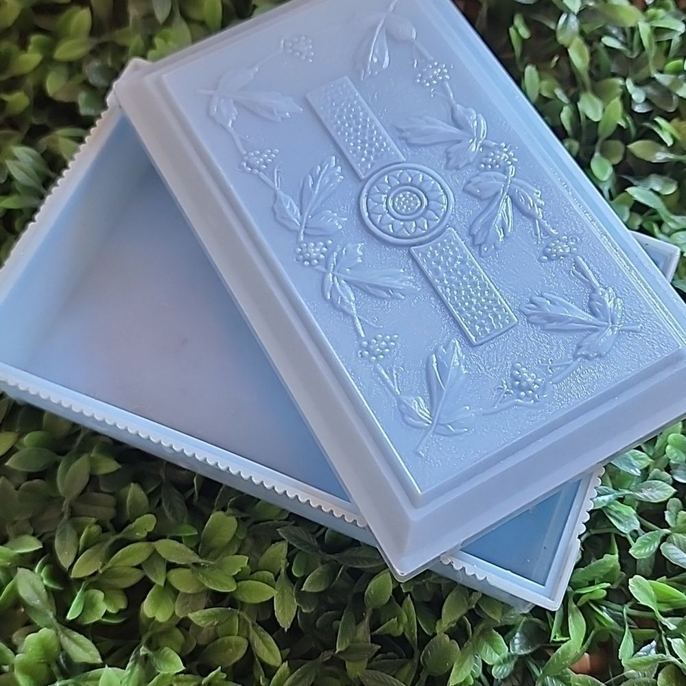 Vintage Rectangular Celluloid Lidded Vanity Table Box In Light Blue Coquette